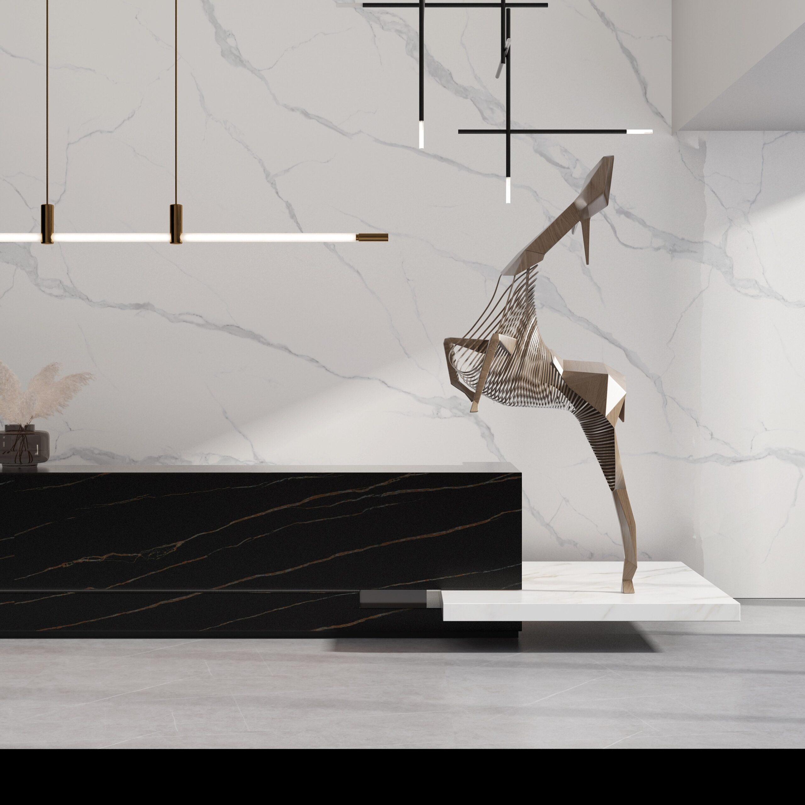 sculpture-skeleton-is-room-with-black-white-marble-counter
